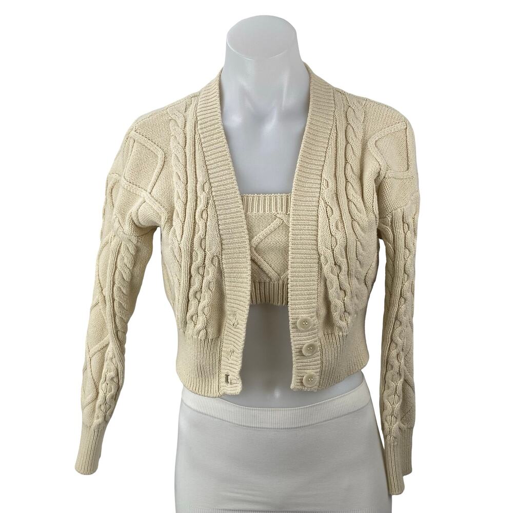 Forever 21 Womens Beige Cable Knit Tube Bralette Long Sleeve Crop Cardigan Set S